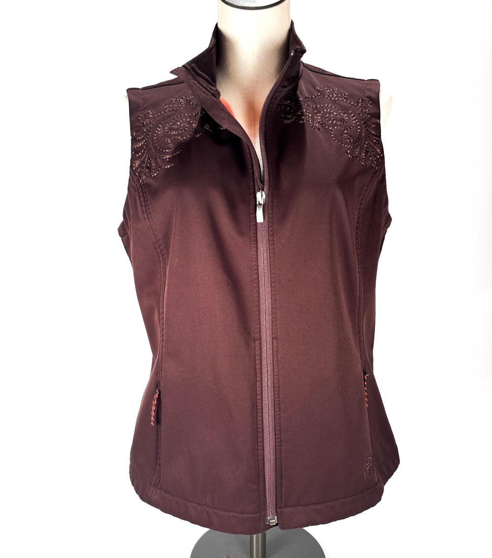 Ariat Womens LARGE Softshell Vest Brown Embroidered Fleece Lined Outdoor Western